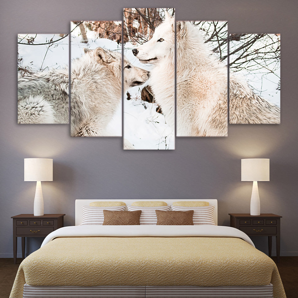 Limited Edition 5 Piece Attentive White Snow Wolf Canvas