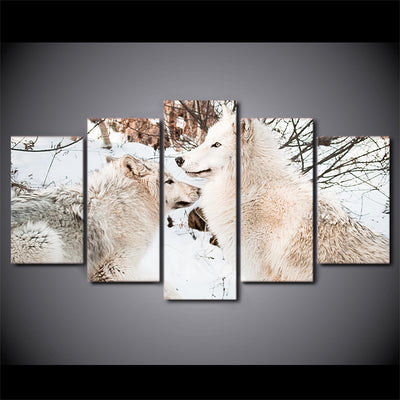 Limited Edition 5 Piece Attentive White Snow Wolf Canvas