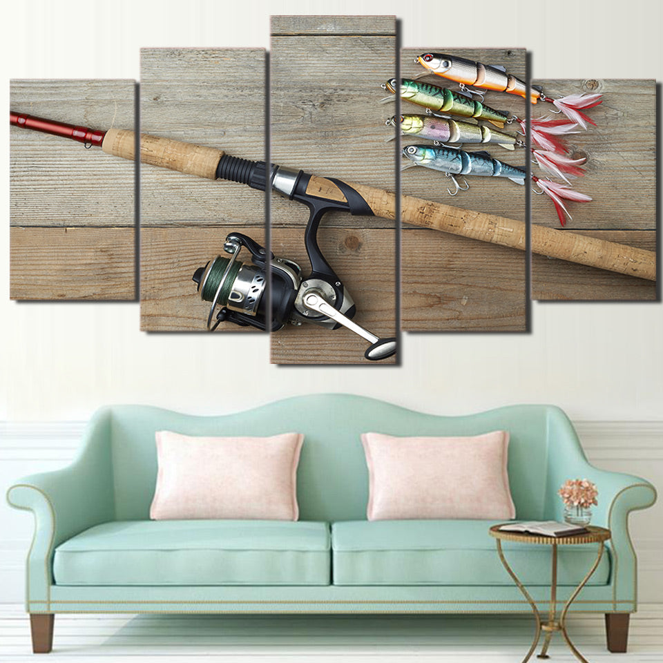 Limited Edition 5 Piece Artistic Fishing Hooks And A Rod Canvas