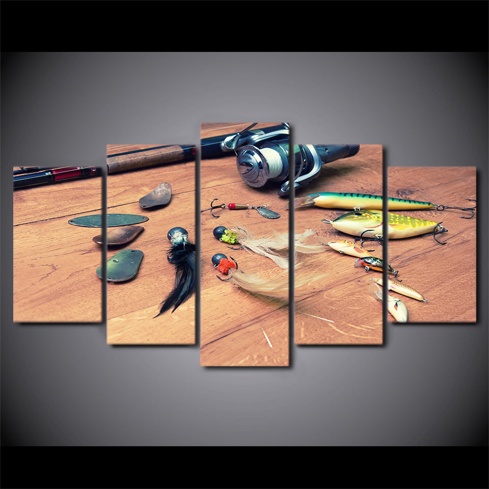 Limited Edition 5 Piece Creative Fishing Hooks and a Fishing Reel Canvas