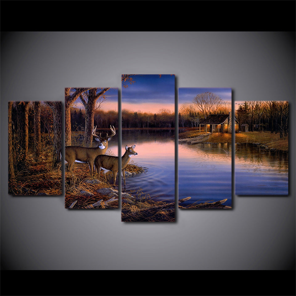 Limited Edition 5 Piece Couple Deer in the Lake Canvas