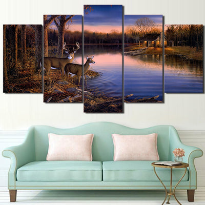 Limited Edition 5 Piece Couple Deer in the Lake Canvas