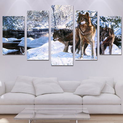 Limited Edition 5 Piece  Wolves In Melting Snow Canvas