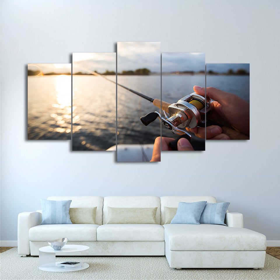 Limited Edition 5 Piece Fishing In The Lake Sunset Canvas