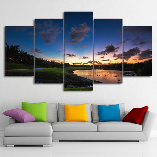 Limited Edition 5 Piece Golf Course By The River Over Sunset Canvas