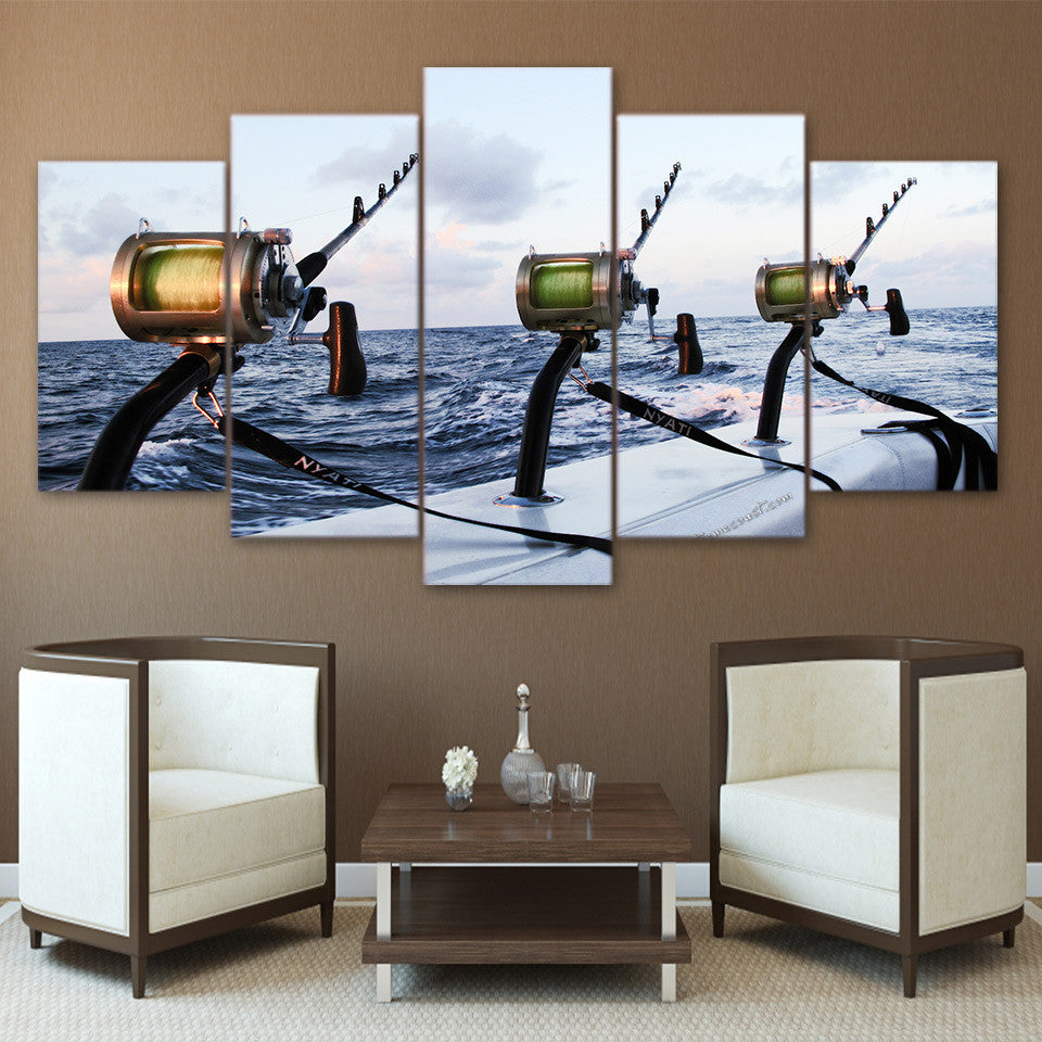 Limited Edition 5 Piece Fishing Rod Canvas (FRAMED) - The Beach Canvas