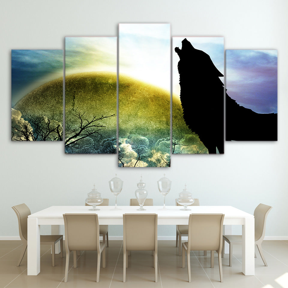 Limited Edition 5 Piece Silhouette Of A Howling Wolf Canvas