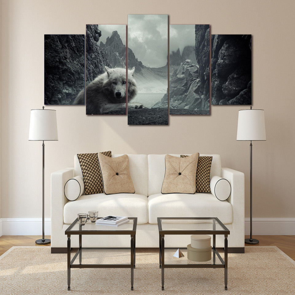 Limited Edition 5 Piece White Wolf In The Mountain Canvas