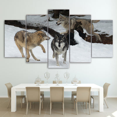 Limited Edition 5 Piece Wolf Playing In The Snow Canvas